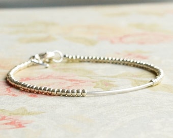 Sterling Silver Bar Seed Bead Bracelet, Small Beads Bracelet, Stacking Beaded Delicate Layering Bracelet, Simple Minimalist Dainty Bracelet
