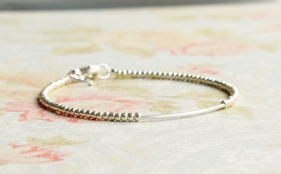 Sterling Silver Bar Seed Bead Bracelet, Small Beads Bracelet, Stacking Beaded Delicate Layering Bracelet, Simple Minimalist Dainty Bracelet