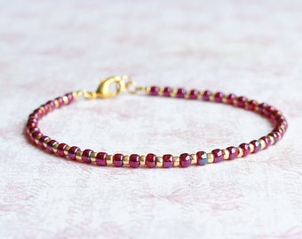 Raspberry Red And Gold Seed Bead Bracelet, Beaded Stacking Bracelet, Minimalist Bracelet, Small Beads Bracelet, Delicate Layering Bracelet