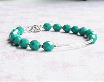 Turquoise Blue And Silver Seed Bead Bracelet, Beaded Stacking Silver Bar Bracelet, Czech Glass Beads Bracelet, Minimalist Layering Bracelet