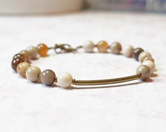 Pulsera de cuentas de semillas de bronce y ópalo de madera, pulsera de cuentas de piedras preciosas naturales, pulsera de cuentas apilables, pulsera de capas de barras de bronce