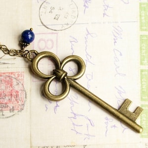 Large Bronze Key Necklace, Skeleton Key Necklace With Lapis Lazuli Bead, Antique Key Necklace, Vintage Inspired Key Necklace With Gemstone