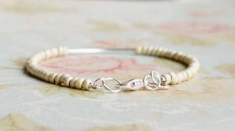 Matte Silver Seed Bead Bracelet Simple Minimalist Bracelet Sterling Silver Bar Bracelet Delicate Bracelet Beaded Stacking Bracelet