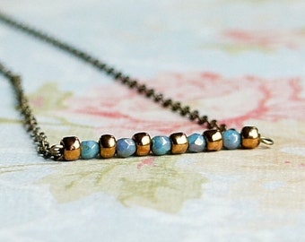 Turquoise Blue And Bronze Seed Bead Bar Necklace, Delicate Beaded Bar Necklace, Dainty Layering Necklace, Simple Minimalist Bead Necklace