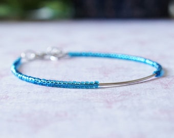 Turquoise Blue Seed Bead Bracelet, Beaded Stacking Minimalist Bracelet, Simple Layering Small Beads Bracelet, Sterling Silver Bar Bracelet