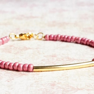 Metallic Pink Seed Bead Bracelet, Gold Filled Bar Bracelet, Beaded Stacking Bracelet, Layering Minimalist Bracelet, Delicate Simple Bracelet