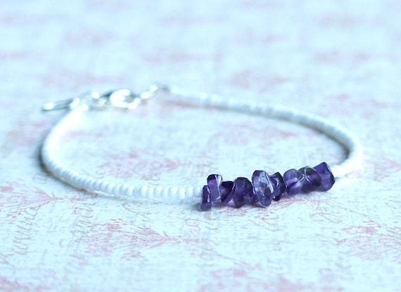 Amethyst And White Seed Bead Bracelet, Beaded Stacking Bracelet, Purple Gemstone Bracelet, Simple Minimalist Bracelet, Small Beads Bracelet