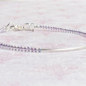 Lavender Purple Seed Bead Bracelet, Delicate Sterling Silver Bar Stacking Beaded Bracelet, Layering Simple Minimalist Small Beads Bracelet
