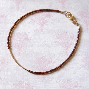 Chocolate Brown Seed Bead And Gold Filled Bar Bracelet, Beaded Layering Bracelet, Tiny Beads Bracelet, Stacking Delicate Minimalist Bracelet