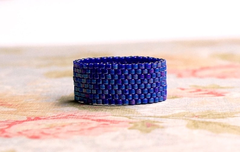 Cobalt Blue Seed Bead Ring, Beaded Flexible Ring, Bead Woven Peyote ...