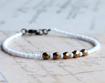 White And Bronze Seed Bead Bracelet, Stacking Beaded Bracelet, Simple Minimalist Bracelet, Czech Glass Bead Bracelet, Small Bead Bracelet