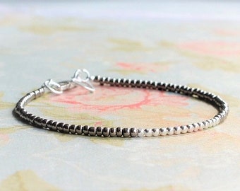 Dark Silver Seed Bead Bracelet, Nickel Silver Stacking Bracelet, Beaded Minimalist Bracelet, Thin Layering Bracelet, Small Beads Bracelet