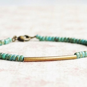 Turquoise Blue Seed Bead Bracelet, Minimalist Simple Bracelet, Boho Style Bracelet, Stacking Beaded Bracelet, Bronze Bar Bracelet, Layering image 1