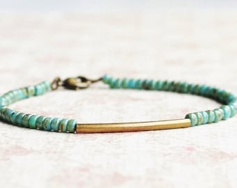 Turquoise Blue Seed Bead Bracelet, Minimalist Simple Bracelet, Boho Style Bracelet, Stacking Beaded Bracelet, Bronze Bar Bracelet, Layering