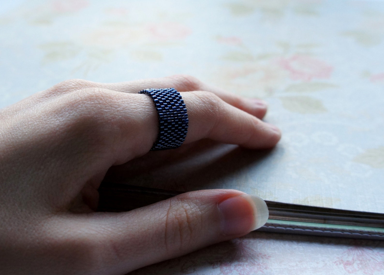 Midnight Blue Seed Bead Ring, Dark Blue Peyote Beaded Ring, Bead Woven ...