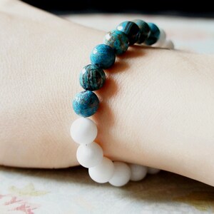 White Marble And Blue Jasper Bracelet, Natural Gemstone Beads Bracelet, Stacking Beaded Bracelet, Simple Blue Boho Style Bracelet, Sale