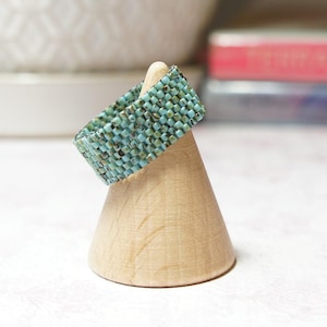 Turquoise Blue Seed Bead Ring, Blue Peyote Beaded Ring, Bead Woven Delica Ring, Bead Band Ring, Seed Bead Jewelry, Flexible Ring