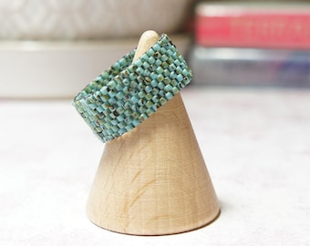 Türkis Blauer Perlenring, Blaue Peyote Perlen Ring, Perlen Bandring, Delica Bandring, Glasperlen Schmuck, Flexibler Ring
