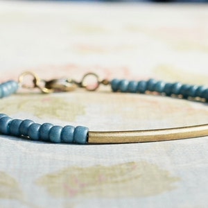 Turquoise Blue Seed Bead And Bronze Bar Bracelet, Dainty Beaded Stacking Bracelet, Layering Simple Minimalist Bracelet, Delicate Bracelet
