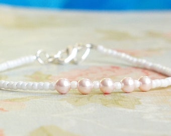 White And Pink Seed Bead Bracelet, Swarovski Crystal Pearl Bracelet, Simple Minimalist Bracelet, Beaded Stacking Bracelet, Layering Bracelet