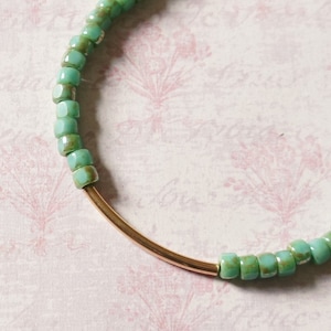 Turquoise Green Seed Bead Bracelet, Beaded Stacking Gold Bar Bracelet, Simple Boho Style Bracelet, Small Beads Layering Bracelet