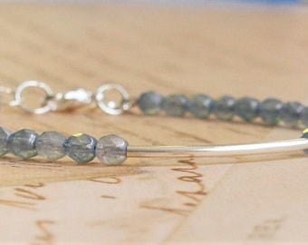 Blue Beaded Bracelet, Sterling Silver Bar Bracelet, Stacking Minimalist Bracelet, Czech Glass Beads Bracelet,  Simple Layering Bracelet