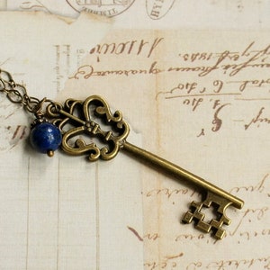 Large Bronze Key Necklace, Skeleton Key Necklace With Lapis Lazuli Gemstone Bead, Antique Style Key Necklace, Vintage Inspired Key Necklace