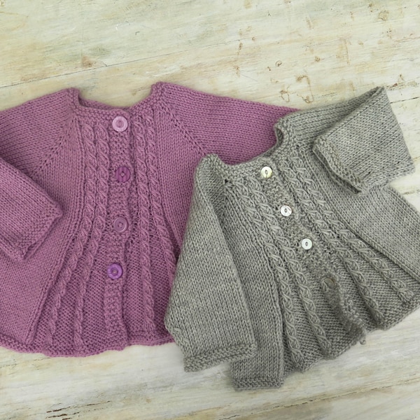 KNITTING PATTERN, Girls Cardigan Billy's Girl, Baby, Toddler, Flared Cable Panels, 6 Sizes, Top Down Pattern, Seamless Pattern, Button Front