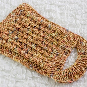 May include: A knitted headband with a hole in the back, made with a multi-colored yarn in shades of brown, beige, and cream.