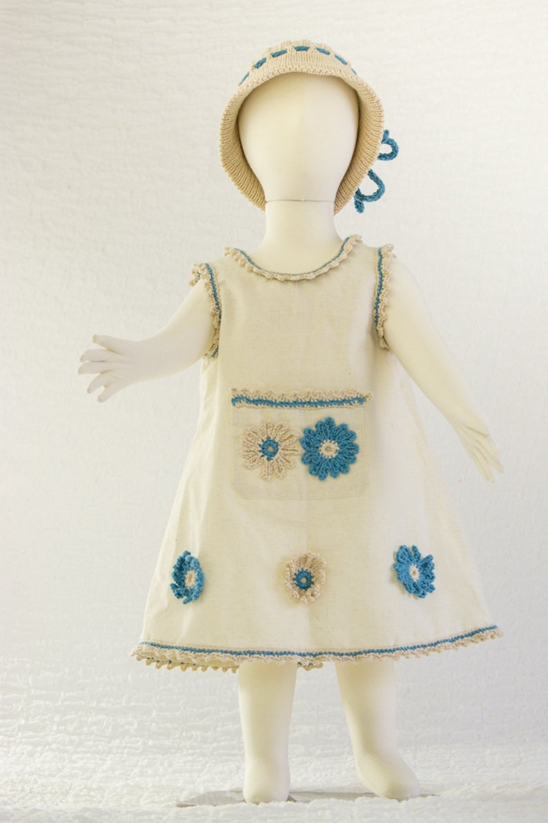 SEWING PATTERN, Girls Pinafore Dress Pattern,Toddler Dress Pattern, Crochet Picot Trim, Crochet Flower Appliqué, Sizes 1, 2, 3, PDF image 5