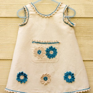 SEWING PATTERN, Girls Pinafore Dress Pattern,Toddler Dress Pattern, Crochet Picot Trim, Crochet Flower Appliqué, Sizes 1, 2, 3, PDF image 1