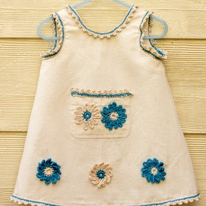 Girls Pinafore Dress Sewing Pattern: Crochet Trim, Flower Appliqué (Sizes 1-3, PDF)