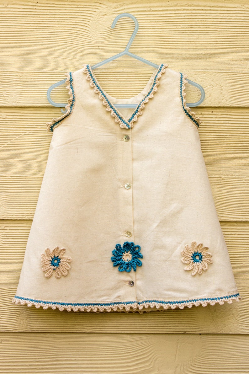 SEWING PATTERN, Girls Pinafore Dress Pattern,Toddler Dress Pattern, Crochet Picot Trim, Crochet Flower Appliqué, Sizes 1, 2, 3, PDF image 2
