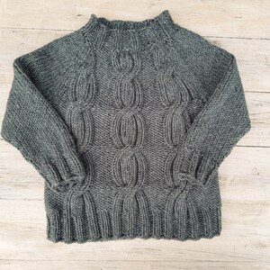 May include: A dark gray cable knit sweater with a high neck.