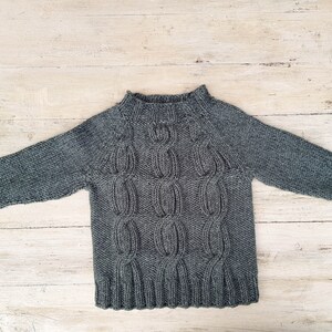 May include: A gray knitted sweater with a cable knit pattern.