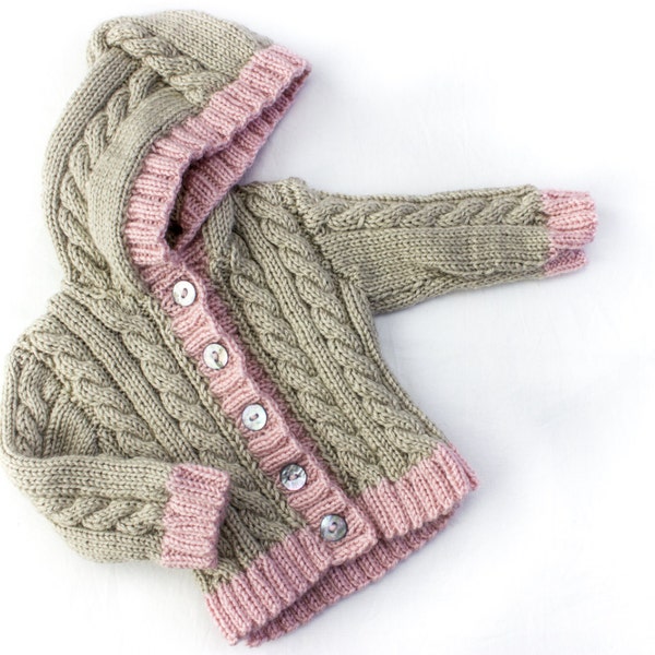 Modèle de tricot, cardigan torsadé, capuche en option, 6 tailles, modèle à téléchargement immédiat, bébé, tout-petit, tailles enfants, cardigan torsadé unisexe