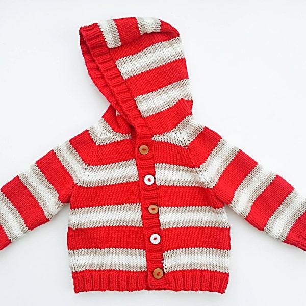 KNITTING PATTERN, Striped Raglan Sweater, Cardigan, Optional Hood , 6 Sizes, , Baby, Toddler, Kids Sizes, Boys Striped Jumper