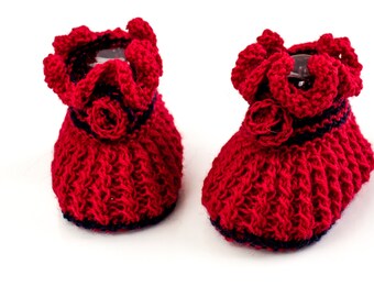 KNITTING PATTERN, Baby Girl Booties,  PDF, Red Rose, Romantic Ruffle Booties with Knitted Rose, Newborn Baby Girl Booties Pattern