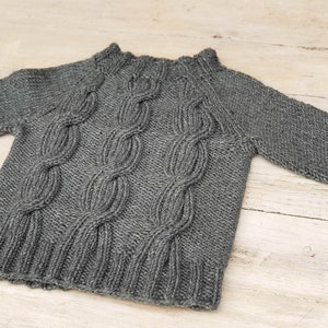 May include: A gray knitted sweater with a cable knit pattern.