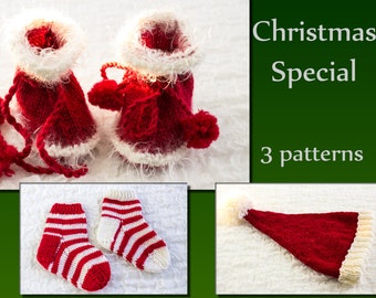 KNITTING PATTERN,  Christmas Special, 3 Patterns, Santa Hat, Santa Booties, Candy Cane Socks, Holiday Photo-prop Patterns, Discount Bundle