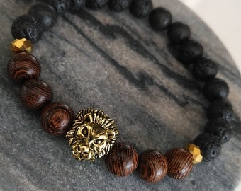 Men’s Bracelet, Diffuser Bracelet, Lion Head Bracelet, Gifts, Birthday Gift, Bracelets, Lava Stone Bracelet, Bead Bracelet