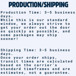 May include: A light-colored informational graphic with dark blue text. The header reads PRODUCTION/SHIPPING. The text details a production time of 3-5 business days and a shipping time of 3-5 business days, noting that transit times are estimates.