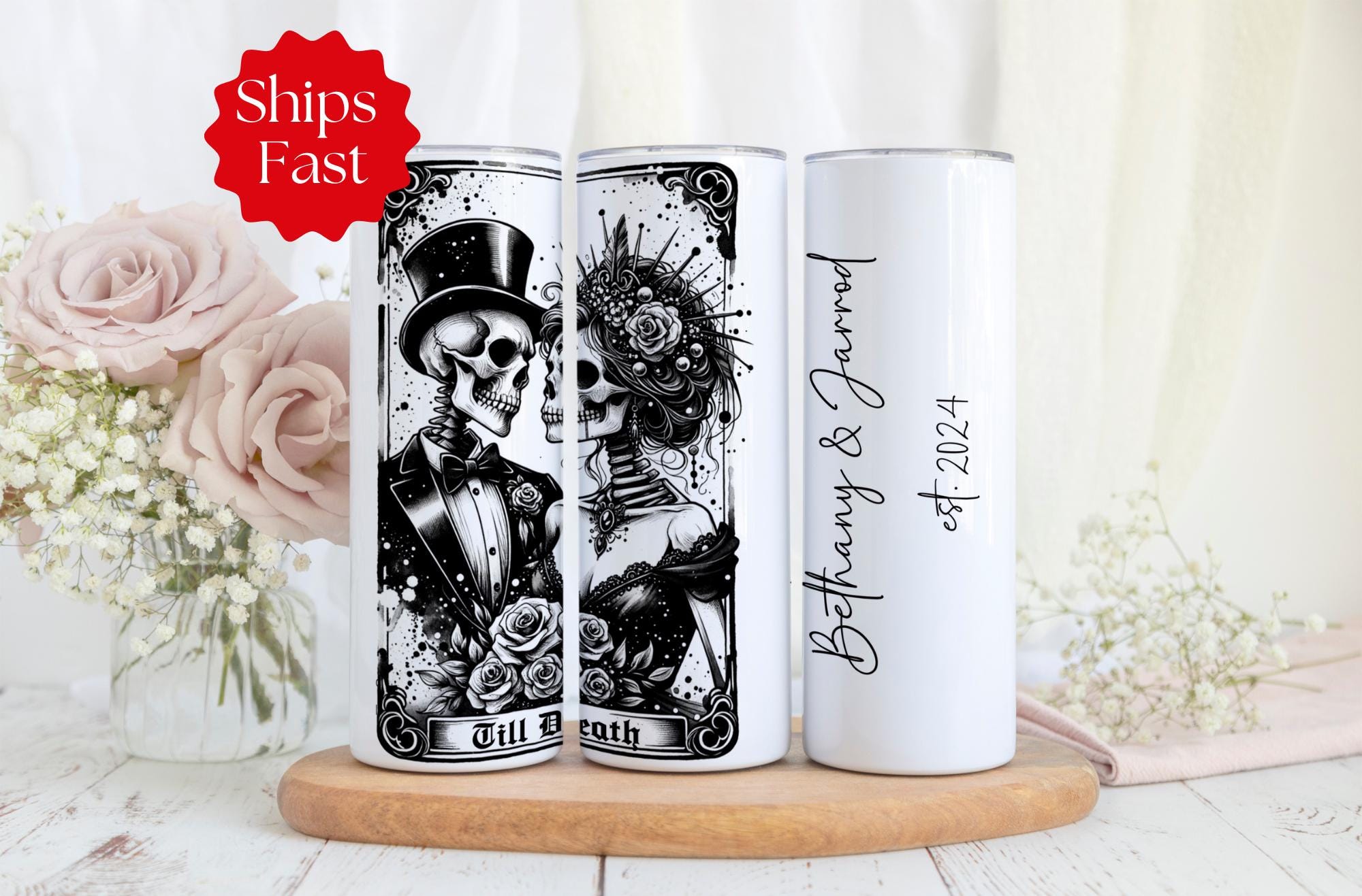 Personalized Gothic Wedding Tumbler, Custom Skeleton Bride & Groom