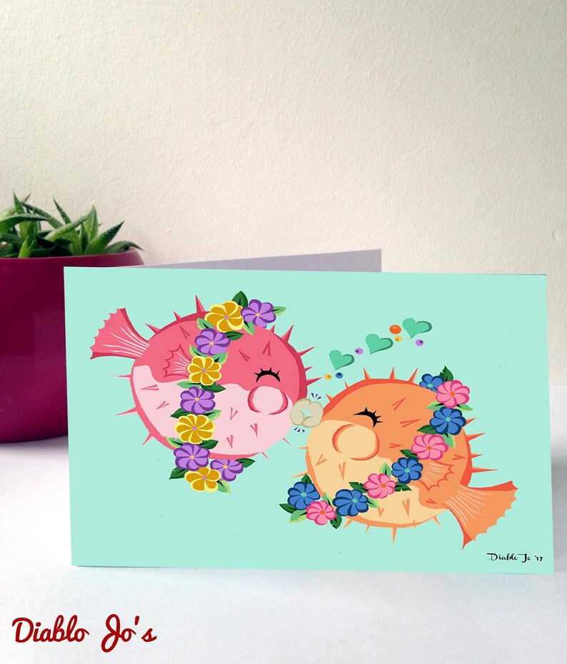 Vintage card Rockabilly Anniversary Alternative Tiki Pufferfish wedding Congratulations Retro style