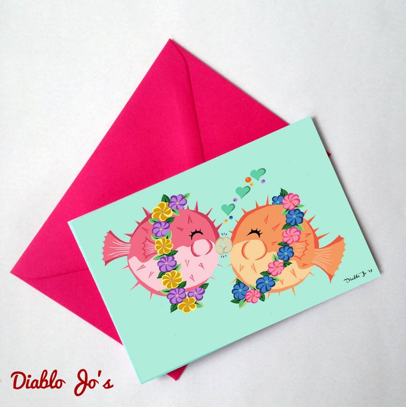 Vintage card Rockabilly Anniversary Alternative Tiki Pufferfish wedding Congratulations Retro style