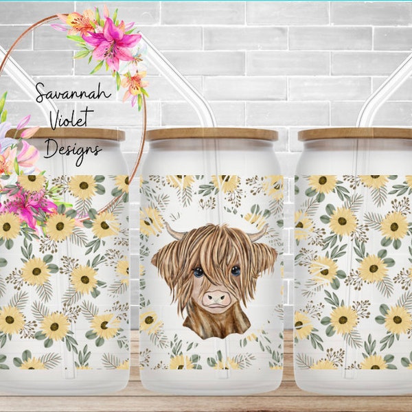 Glass Can Sublimation Design Sunflower Cow *Original Designer*