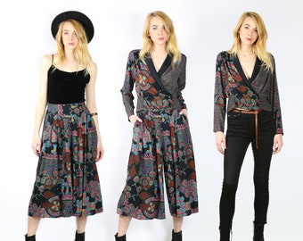 Vintage Set / Long Sleeve Top and Culottes / Gauchos / Pants / 90s Two-piece Matching Set
