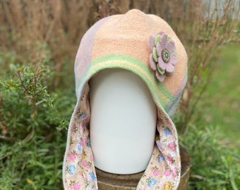 Toddler Bonnet Ear Flap Hat From Upcycled Vintage Wool Blanket