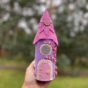 Fairy House Pink Purple Hand Embroidered -  Wool Felt