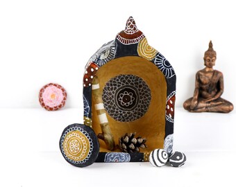 Altar Shrine Nicho Black White Ocher Brown and Floral Pattern